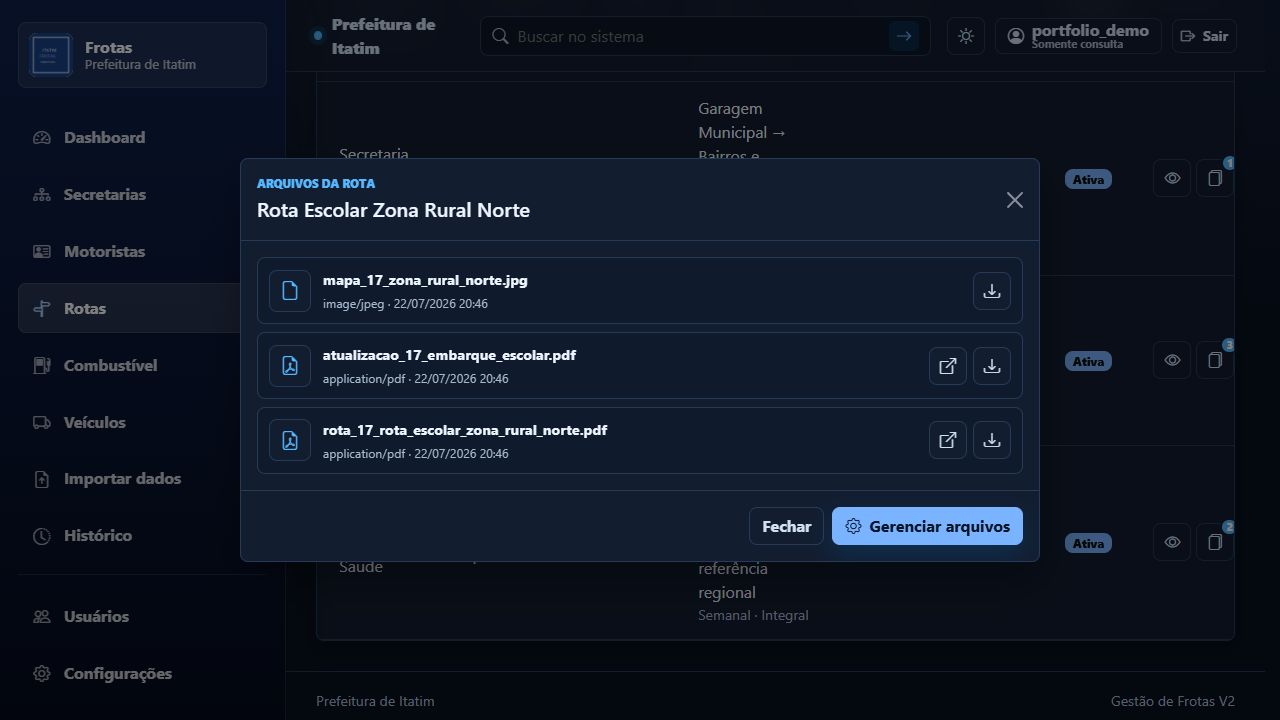 Tela de anexos vinculados a uma rota