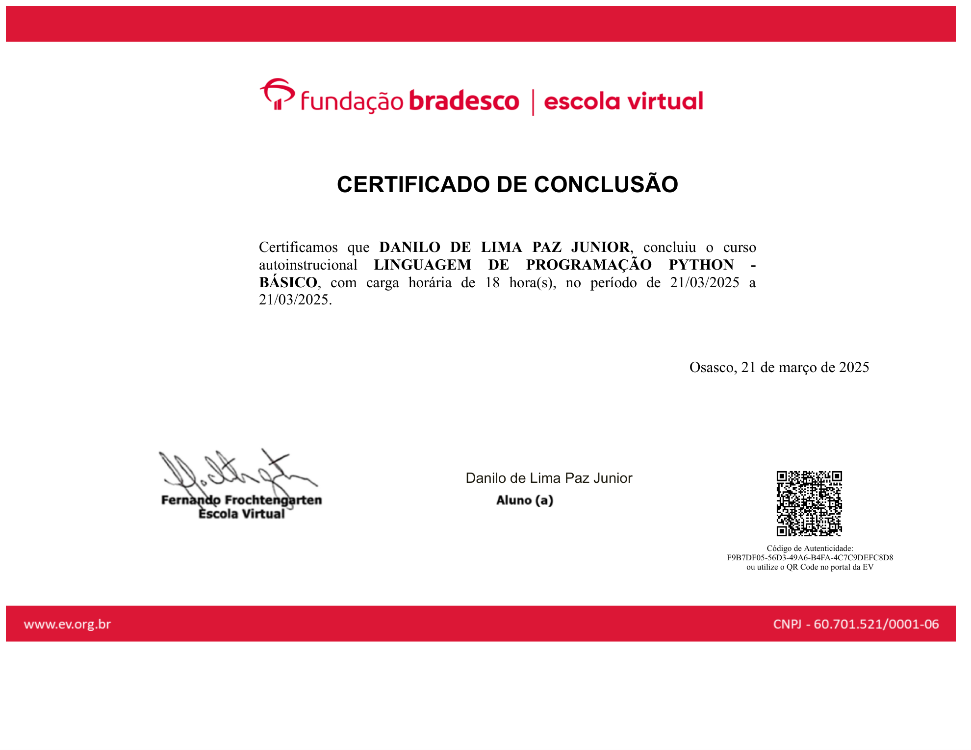 Certificado da Fundação Bradesco em Linguagem de Programação Python Básico