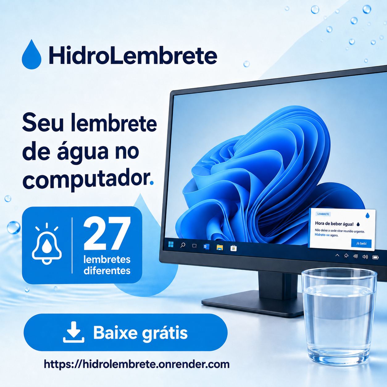 Apresentação do HidroLembrete com monitor Windows e notificação para beber água
